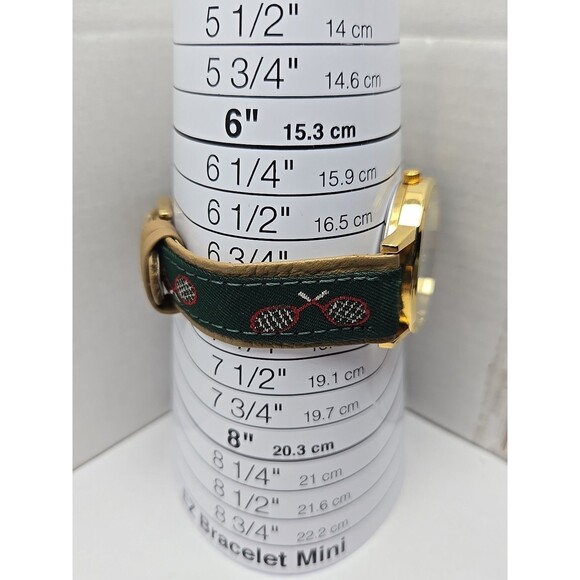 Vintage Santa Tennis Watch Japan Quartz New Battery Green Strap Unisex Gold Tone - Picture 7 of 12